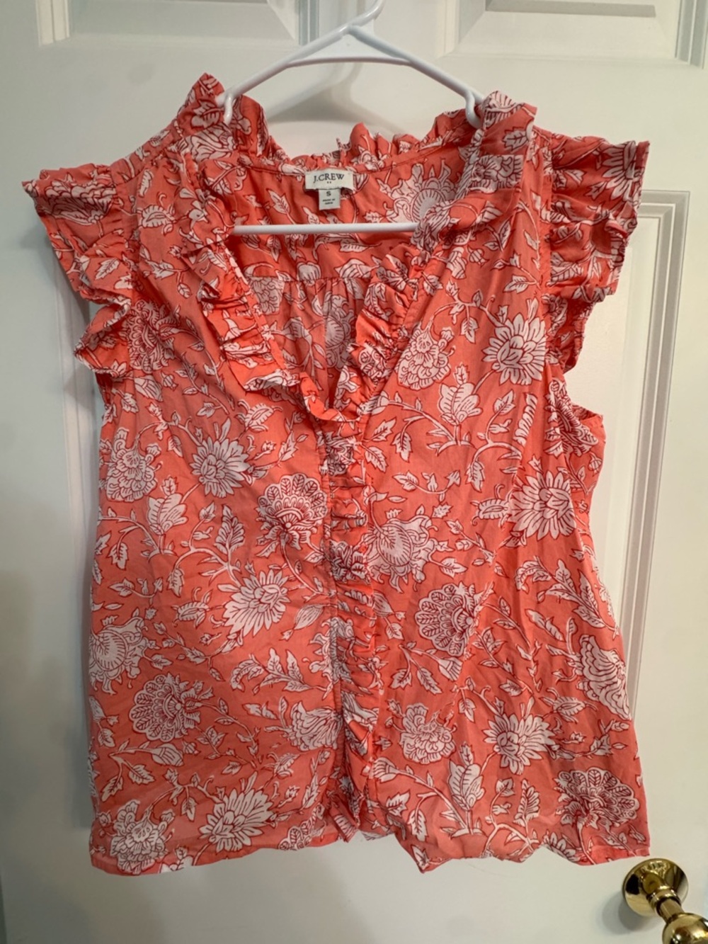 J. Crew Coral and White Floral Ruffle Sleeve Blouse